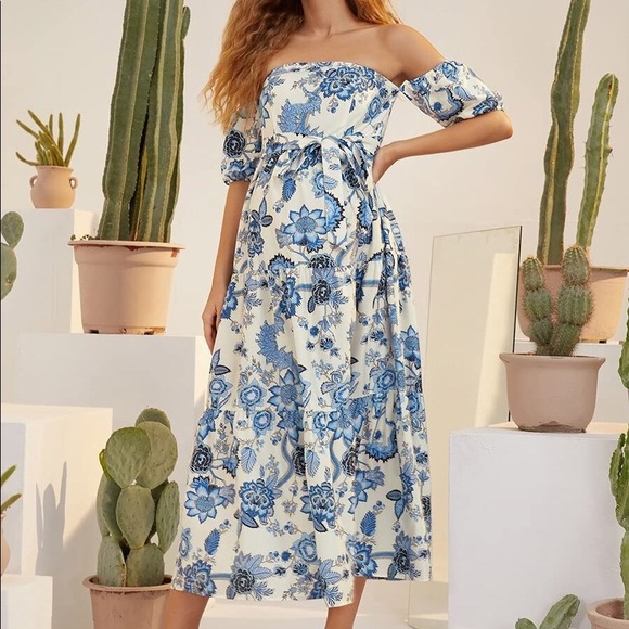 Boho Gypsy Floral Bardot Belted Ruffle Hem Dress - Picture 2 of 7